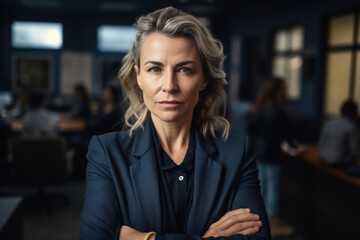 Fototapeta premium Confident executive woman posing in front of the camera with her arms crossed, behind her colleagues working in a modern office. Generative AI
