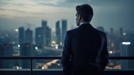 Fototapeta na wymiar Back view of attractive executive man looking at the city from the moder office balcony. Generative AI