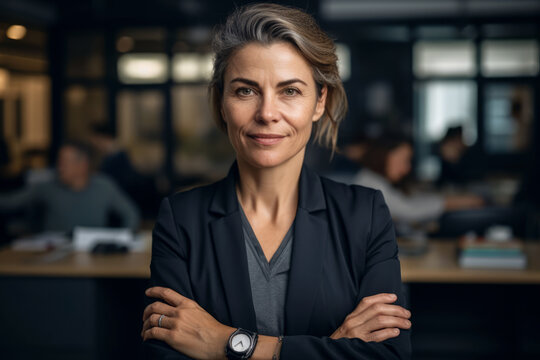 Confident executive woman posing in front of the camera with her arms crossed, behind her colleagues working in a modern office. Generative AI