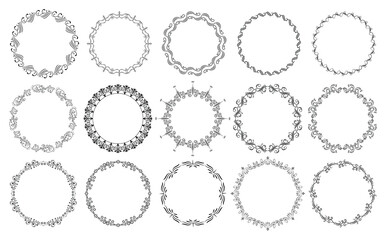 Decorative black circle frames. Retro ornamental frame, vintage round ornaments & ornate border. Rounded wedding frames, antique museum image borders. Isolated vector icons set