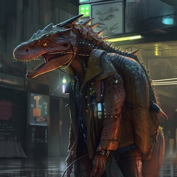 Cyberpunk dinosaur, Generative AI.