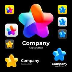 Bright star logo design, rainbow, blue and yellow set concept design in dark background