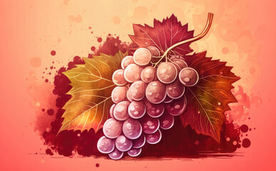 drawn white or green grape on red background watercolor fruit organic food illustrations Generative AI
