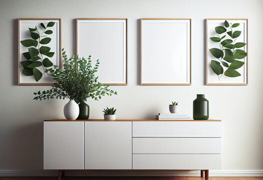 Stylish interior of living room with mock up poster frame, commode, leaf in ceramic vase and elegant personal accessories. AI Generated