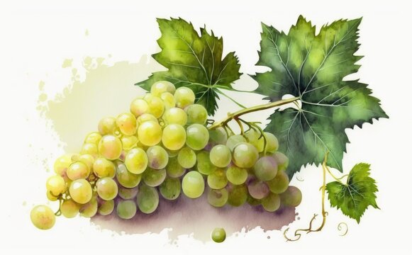 drawn white or green grape on white background watercolor fruit organic food illustrations Generative AI
