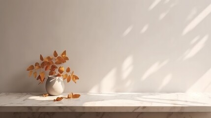 Modern minimal empty white marble stone counter table, tree in sunlight, leaf shadow on beige brown wall background for luxury organic cosmetic, skin care, beauty treatment product. AI generated. 3d r