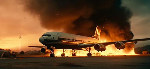 Airplane fire and smoke. Generative Ai