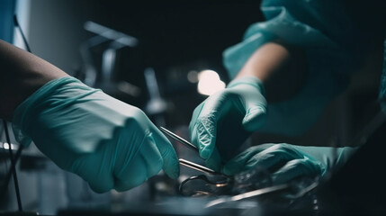 Surgeon hand medical gloves working in operating room. Generative Ai