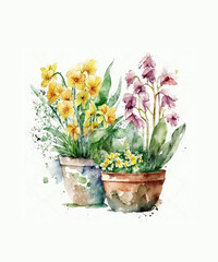 Watercolour flowers in a vase. Home gardening. Spring flowers in pots. 