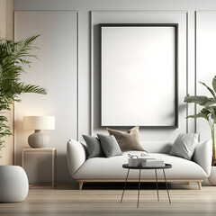 mock up poster frame in modern interior background, interior space, living room, generative AI