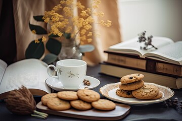 Coffee cup and cookies are on the table in the room. Generative AI