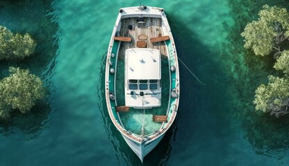 Obraz premium Boat floats on water top view. AI generative.