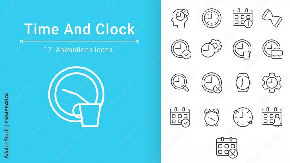 Poster animated time and clock linear icon. clock dial. wait-animation indicator. measuring instrument. sea