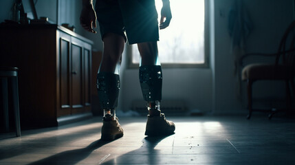 Rear view of man with prosthetic leg. Generative Ai