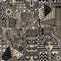 Foto auf Acrylglas Zeichnung Ancient Symbols and Architecture, Egypt, Greece, Aztecs, Africa, Tribal Figures and Art Vector Seamless Pattern Illustration 