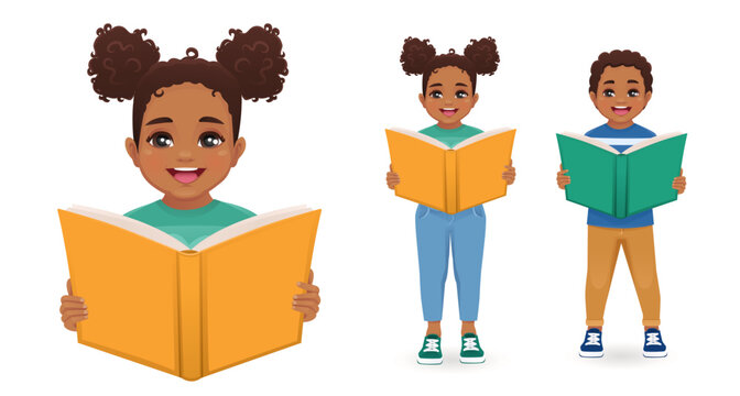 Happy African cute kids boy and girl holding reading open books isolated vector illustration