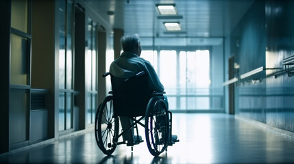 Fototapeta na wymiar Man in a wheelchair in a hospital corridor. Generative Ai