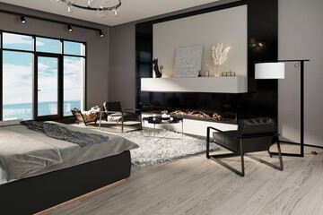 luxury posh apartments with panoramic windows and great sea view. decorative stone wall and modern furniture. brutal loft design style.