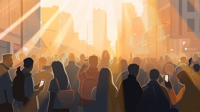 Group of people using mobile phones. Smartphone addiction. Generative Ai