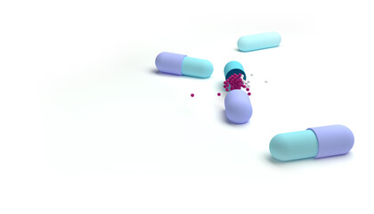 Set of medical pill capsule with colorful spherical drug particles inside. 3d illustration. Opened pill container. 3d render. Realistic color pills. Pharmacy and healthcare. Antibiotic illustration