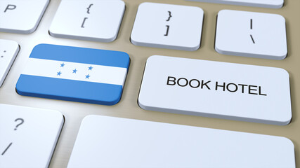 Book hotel in Honduras with website online. Button on computer keyboard. Travel concept 3D animation. Book hotel text and national flag. 3D illustration
