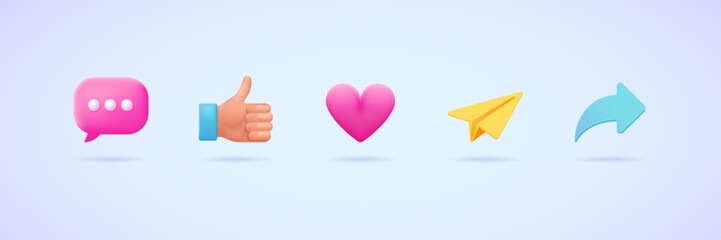 Vector social media 3d icon set: thumbs up, message, comment, send, share and like. Three dimensional vector collection of illustrations. Social network reactions.