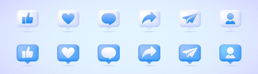 Vector social media 3d icon set: thumbs up, message, comment, send, share, follow and like. Three dimensional vector collection of illustrations in message bubble. Social network buttons.
