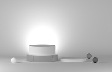 Abstract 3D room with realistic grey and white cylinder pedestal podium and balls background. Minimal scene for mockup product display. Simple geometric forms. Round stage showcase.