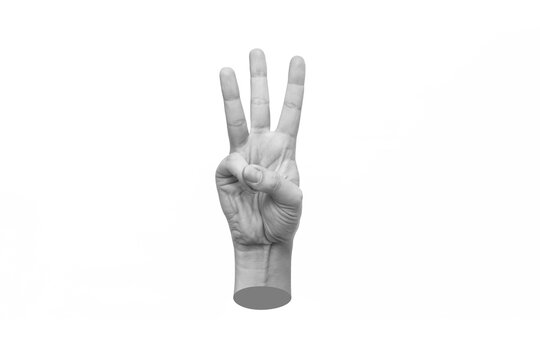 Female hand showing a three fingers gesture isolated on a white background. 3d trendy collage in magazine style. Contemporary art. Modern design. Hand sign, Counting on the fingers