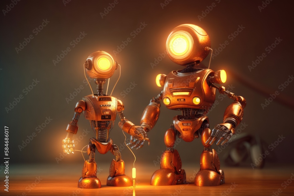 Poster creative design robotics family. big robot and small kid with lamp bulb toy. copy space. generative 