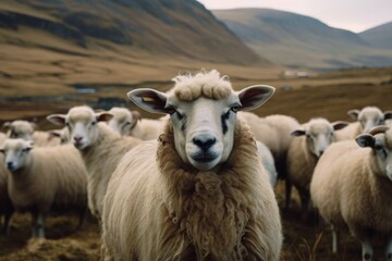 A close up shot of few sheep and rams on some Faroe Islands fields. Generative AI