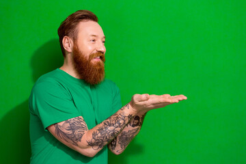 Portrait of thankful funny grateful man with red beard wear trendy t-shirt hold palms look empty space isolated on green color background