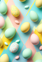 Fototapeta na wymiar Pattern from colorful decorated Easter eggs on pink yellow blue background. Pastel colors. Holiday banner template. AI generated