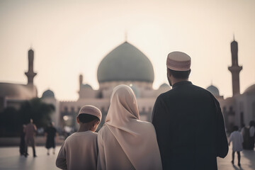 Ramadan Kareem Greetings and Family Bonding: A Heartwarming Photography of a Family Viewing a Mosque from Behind