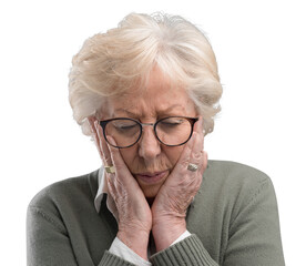 Sad lonely elderly woman posing with head in hands