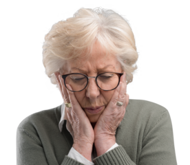Sad lonely elderly woman posing with head in hands