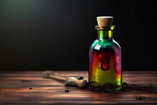 Colorful Witchcraft Poison Bottle on Wooden Table, Generative AI