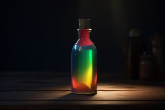 Colorful Witchcraft Poison Bottle on Wooden Table, Generative AI