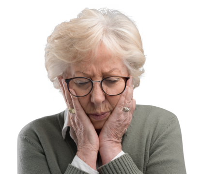 Sad lonely elderly woman posing with head in hands