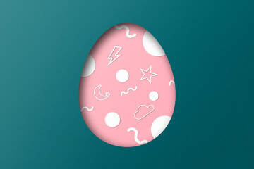 Green and pink paper cuts form an Easter egg pattern. overlay paper