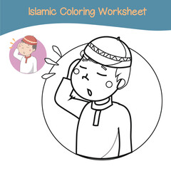 Islamic coloring worksheet. Islamic religion items coloring book. Vector set of Islamic items on white background. Vector illustrations.