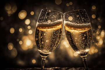 Two glasses of champagne with golden bokeh. Generative AI. - obrazy, fototapety, plakaty