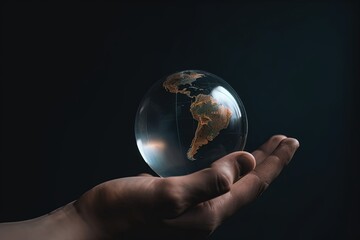 earth in human hands, Dark Studio Photography, glass ball, glass globe, Generative AI