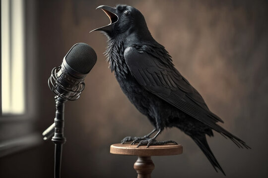 Black bird singing into an old microphone. 