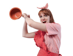 Funny retro housewife hitting someone with a plunger