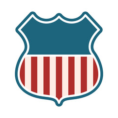 Retro American shield emblem with copy space. USA flag symbol with red stripes. Patriotism, election, Independence Day concept. Sport team logo blank template. Vector illustration, flat, clip art.  
