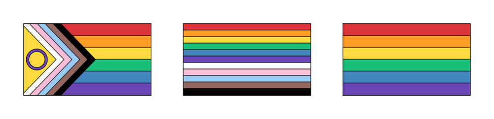 Pride Flag Set. Set of LGBT, LGBTQ, LGBTQIA Pride Flags in Retro Style. Inclusive LGBT Diversity Pride Flags. Vector Illustration.