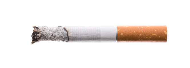 Cigarette burning on transparent background, smoke addiction concept
