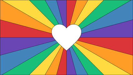 Pride Background with LGBTQ Pride Flag Colours. Rainbow Sunburst Pattern with Love Heart Shape. Retro Gay Pride Wallpaper for Pride Month. Vector Illustration. 