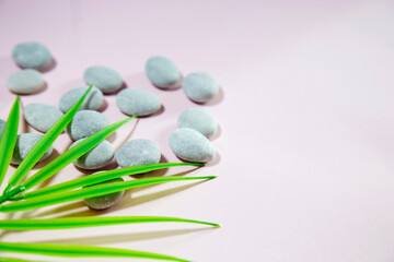 small grey stones on pink background with green leaf of palm tree, copy space, space for text, travel and beauty concept 